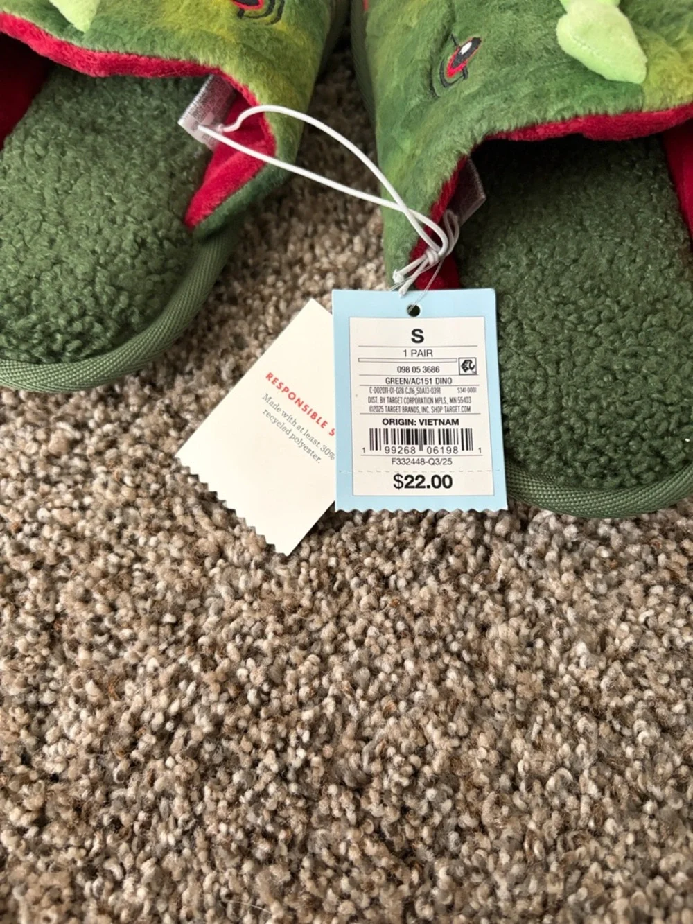 Cat & Jack Green Dinosaur Plush Kids Slippers